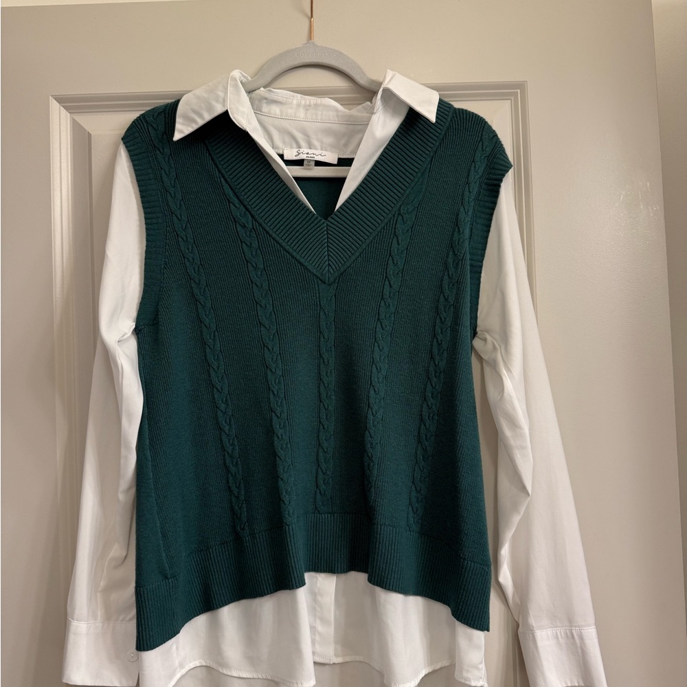 Women's Green Sweater Vest over Shirt